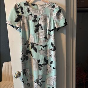 Calvin Klein Eggshell blue Floral Midi Dress with Gray & Black Blooms